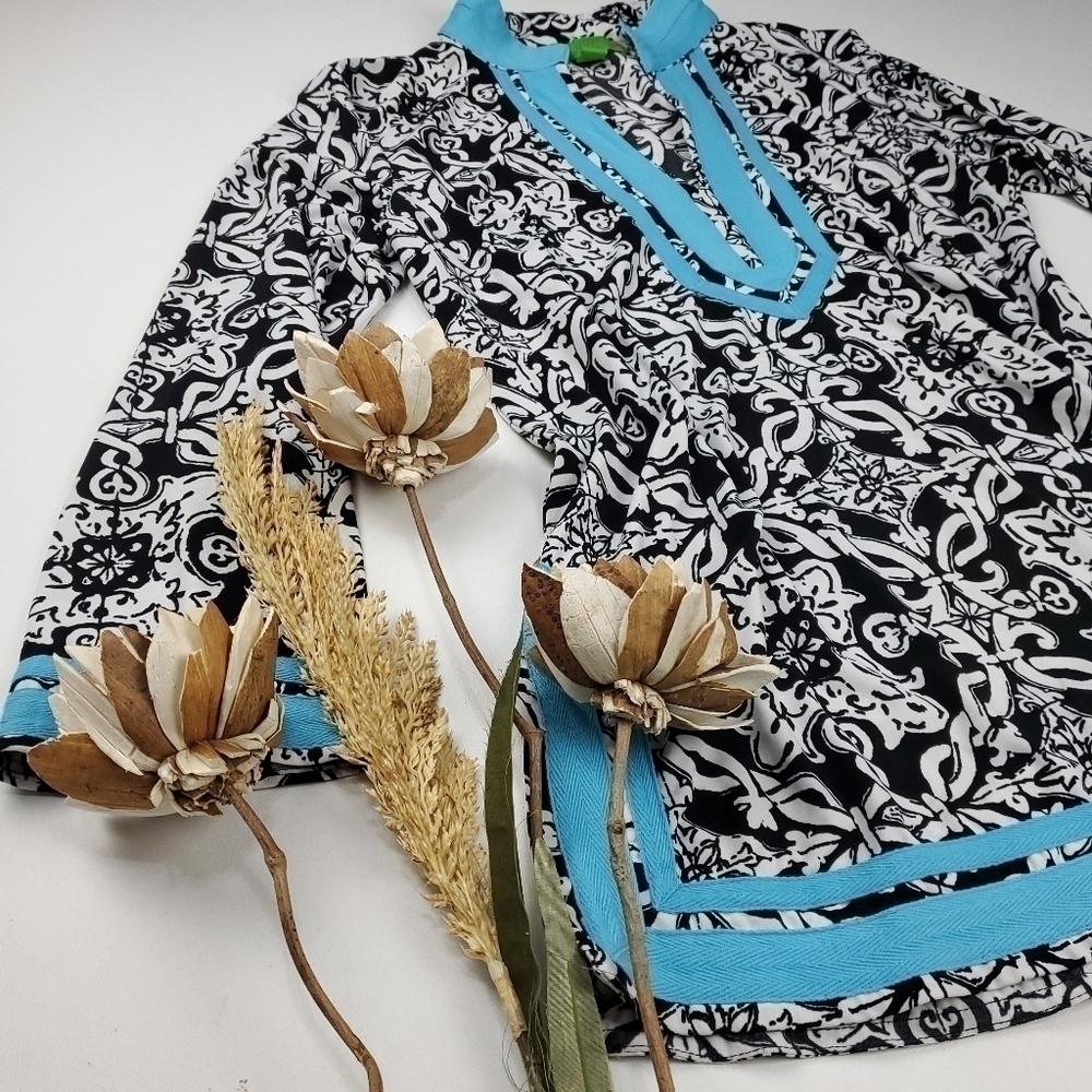 Island Republic Blk Wht Blue Boho Tunic Top Med - Picture 2 of 15